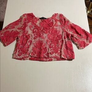 MINKPINK Red & Beige Mesh Floral Embroidered Cropped Top- Size XS